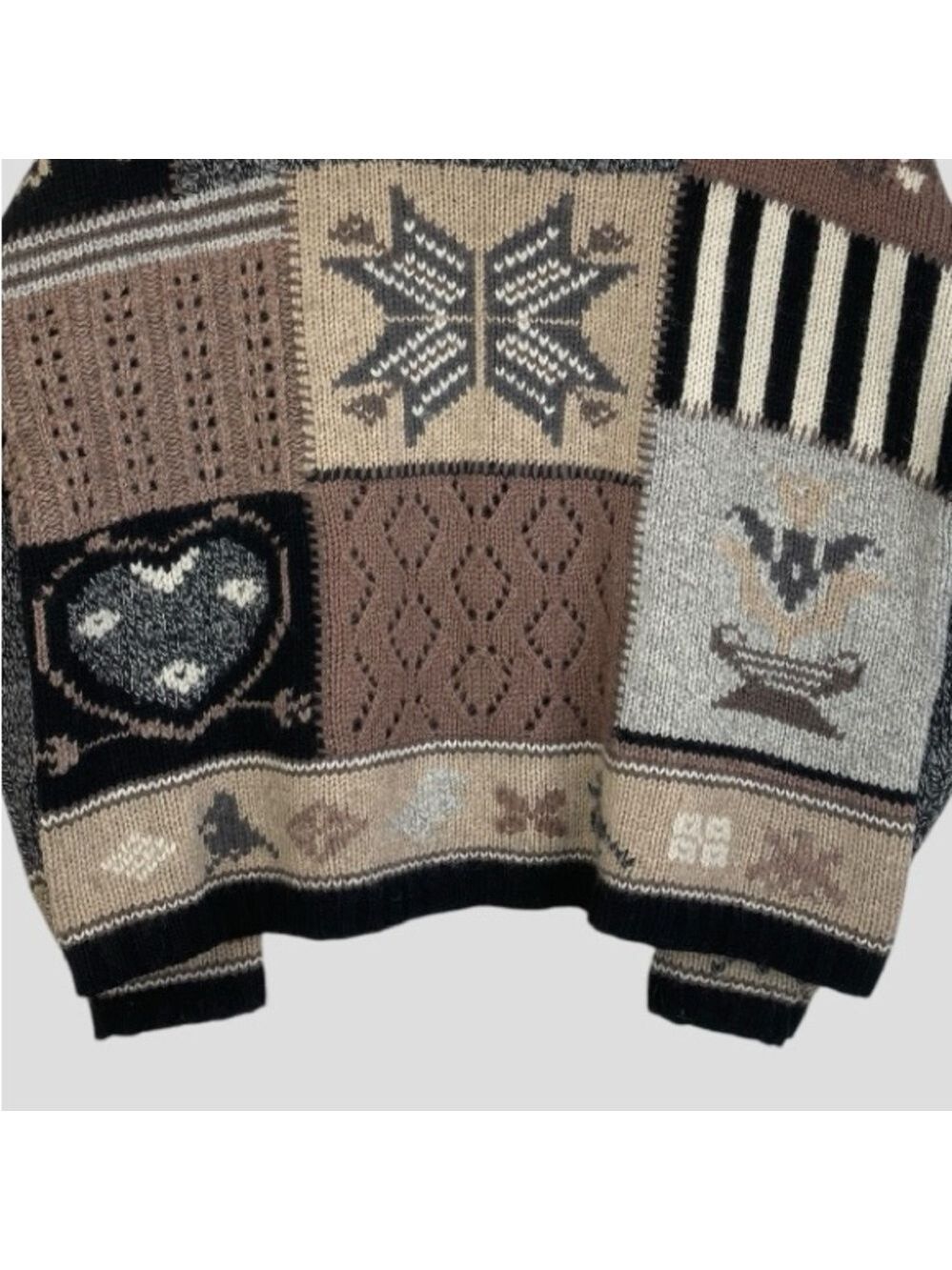 Vintage Eddie Bauer Patchwork Cable Crochet Knit Sweater Cozy Nordic Design Sz.L - Picture 7 of 12